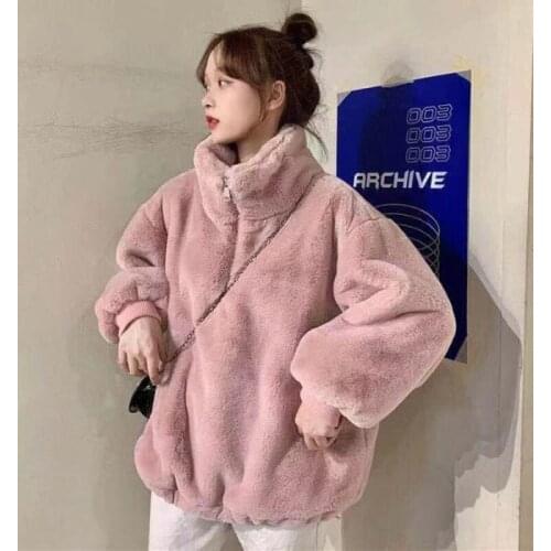 Sweatshirts and Hoodies Winter Warm Pullovers Turtleneck Zip Up Hoodie Fluffy Plus Velvet Pink Kawaii Hoodie Plus Size Clothing