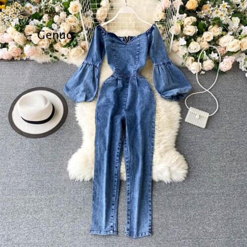 Women Vintage Off Shoulder Puff Sleeve Denim Jumpsuit Outfits Long Sleeve Jeans Jumpsuits Rompers