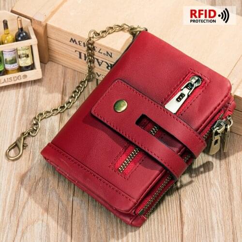 MVA Free Engraving 100% Genuine Leather Women Wallet Coin Purse Small Mini Card Holder Chain Portomonee Women Walets Pocket 7515