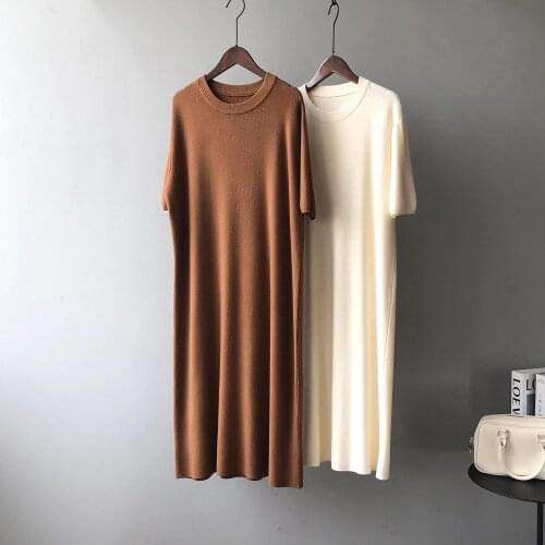 Knitted Dress Women 2021 Autumn New Korean Round Neck Half Sleeve Straight Long Sweater Dress