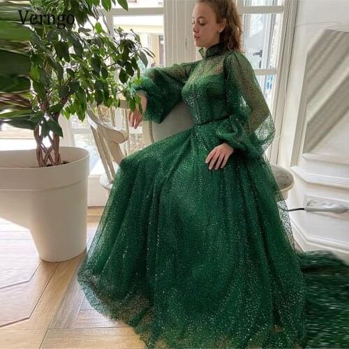 Verngo Vintage Dark Green Sequin Tulle Evening Dresses With Puff Long Sleeves High Neck A Line 2021 Prom Gowns Robe de soiree