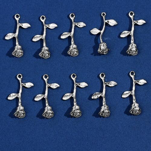 10Pcs 39*23mm Zinc Alloy Rose Flower Charms Gold Silver Metal Handmade Crafts Plant Pendant For DIY Necklace Jewelry Accessories