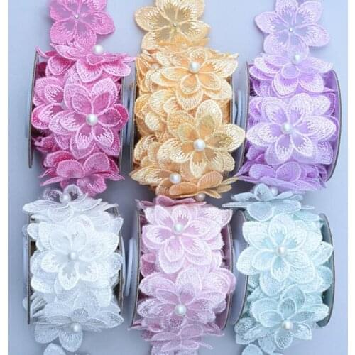 20y 4cm 3D Floral Pearl Embroidery Mesh Lace Trimming for Baby Girls DIY Clothes Wedding Dress Home Hair Accessories