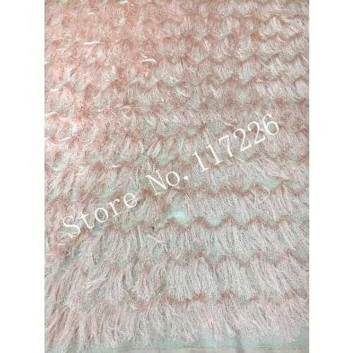 African French fabric embroidery cord lace fabric top grade tulle lace with fringe in light pink color