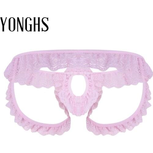 Mens Erotic Lingerie Sissy Panties for Sex Lacy Frilly Crotchless Sexy Underpants Open Back Briefs Gay Underwear with Open Hole