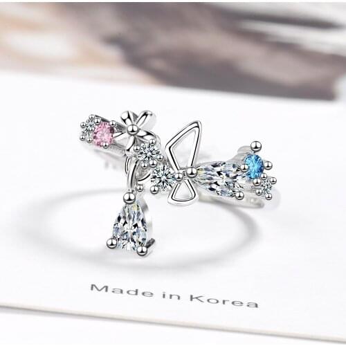 Exquisite Cute Crystal Zircon Flower Ring Sweet Romance Gems Open Ring Silver Plated Wedding Ring Anniversary Women Jewelry Gift