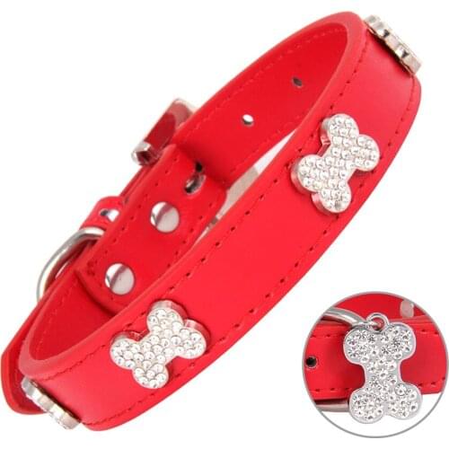 Bling Cats Dogs Collar Leather Adjustable Decoration Dog Bone Pendant Necklace Pet Collar with Rhinestones Pet Accessories Stuff