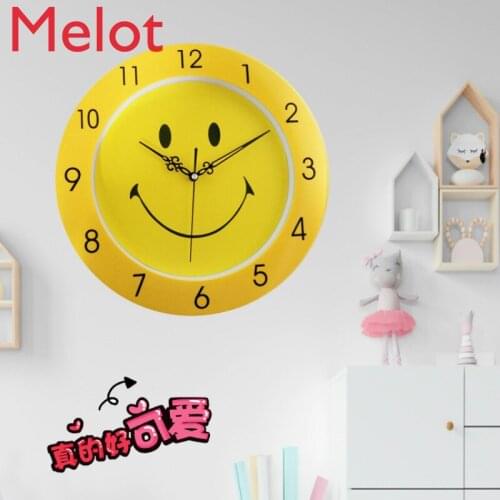 Round Wall Clock Mute Cartoon Yellow Smiley Creative Quartz Clock Modern and Unique Childrens Room Clock