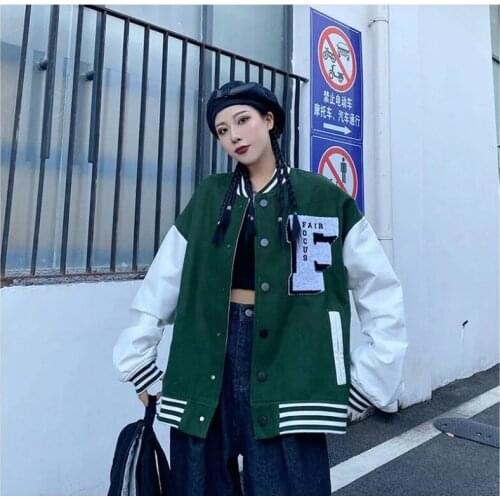 Man Women Hip-hop Baseball F Letter Embroidery Jacket Coat Leather Patchwork High Street Casual Fashion Jackets Black Green