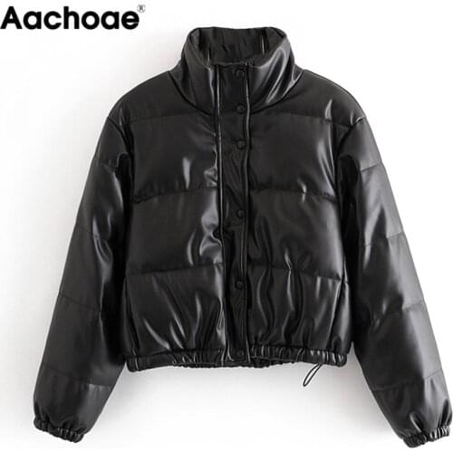 Aachoae Winter Black PU Faux Leather Parka Women Streetwear Long Sleeve Padded Jacket 2020 Single Breasted Thick Warm Coat