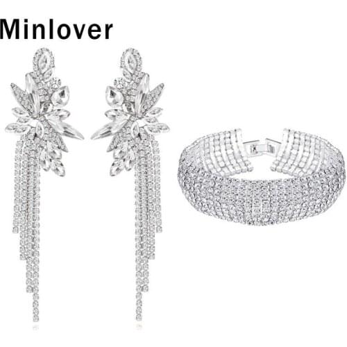 Minlover Sparkling Silver Color Rhinestone Bride Jewelry Sets for Women Crystal Bridal Tassel Drop Earrings Bracelet Sets Luxury Wedding Jewelry Accessories MEH1624+MSL341