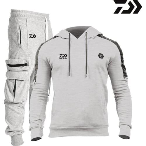 Men Autumn Winter Daiwa Fishing Suits Tracksuit Hooded Sweatshirt Drawstring Sportswear Male Suit Pullover Two Piece Casual Set