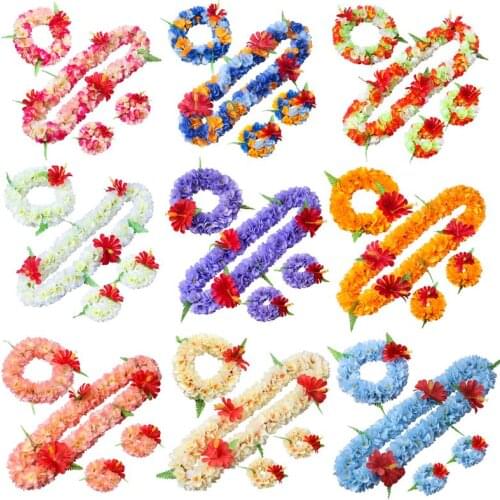 Kids Adults Hawaiian Flower Leis Necklace Set Tropical Artificial Hibiscus Floral Wreaths Headband Wristband Luau Party Decor