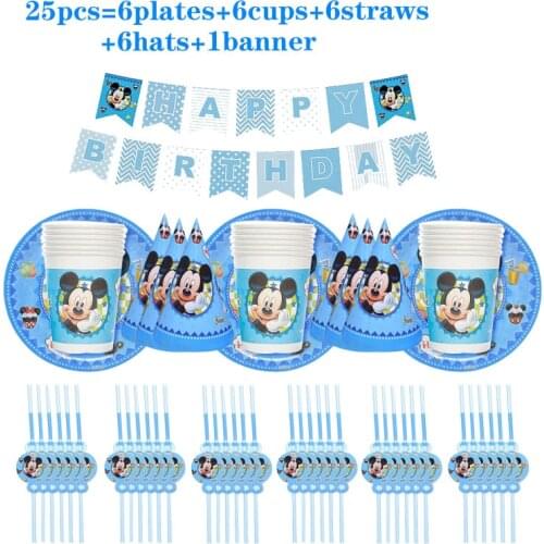 Disney Blue Mickey Disposable Tableware Set Paper Cup Napkin Hat Boy Child Happy Birthday Party Decoration Baby Shower Supplies