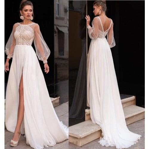 10163 #Beach Backless Scoop Chiffon A-Line Puff Sleeve Plus Size High Slit Bohemian Lace Wedding Dress Sweep Train Bride Dress