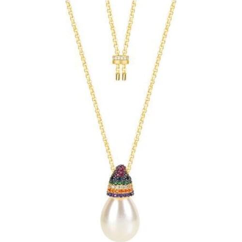 Top New Cute Fancy CZ Stone Rainbow Style Water Droplets Pearl Pendant Sterling Silver Necklace For Women Brand Jewelry