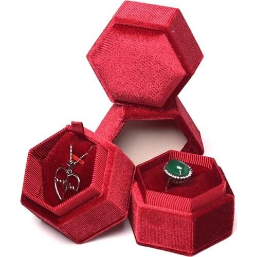 Retro Red Velvet Flat Hexagonal Flannel Jewelry Ring Earring Pendent Display Box Built-in Card Slot For Women Engagement Gift