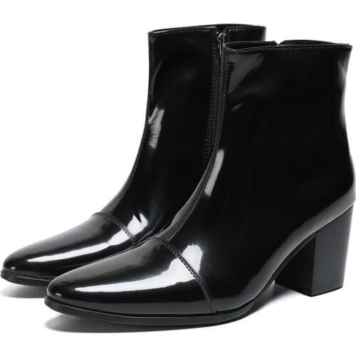 Designer 7cm high heels Black Men Ankle Boots Party Genuine Leather Men Dress Boots Fashion Formal Zip Short Boots Shoes male