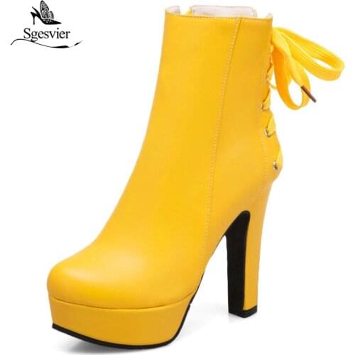 Sgesvier Large Size 35-50 Sweet Style Platform Women Shoes Fashion Thick High Heel Lace Up Zip Ankle Boots Autumn Winter OX583