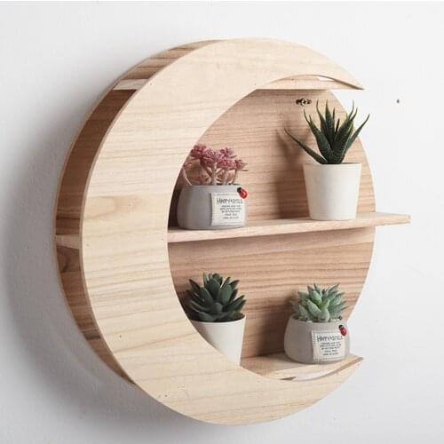 Nordic Moon Round Wooden Shelf Art Hanging Flower Pot Sundries Storage Shelf Wall Hanging Display Rack Moon Shelves Home Decor