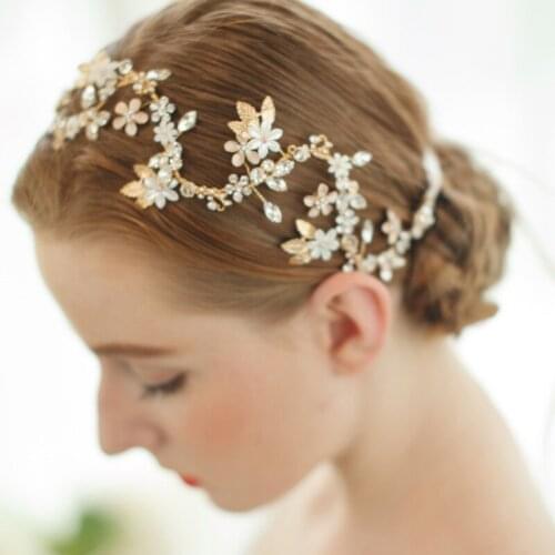 SLBRIDAL Luxury Pearls Flower Clear Rhinestones Gold Leaf Wedding Hair Vine Headband Bridal Headpiece