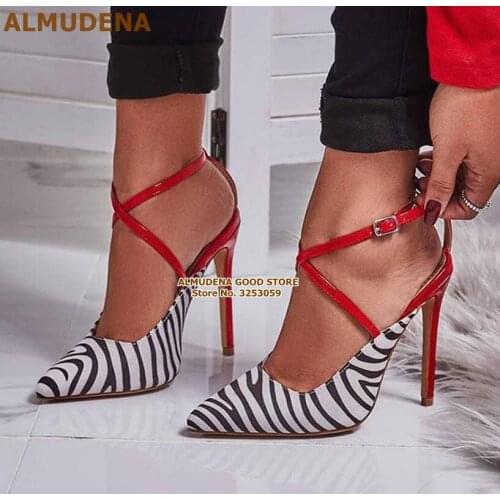 ALMUDENA Zebra Print Buckle Pointed Toe Pumps Stiletto Heels Color Patchwork Banquet Shoes Red Cross Strappy Buckle Wedding Heel