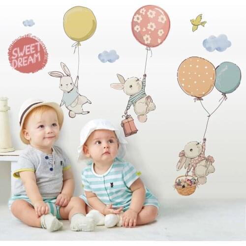 Balloon Rabbit Cartoon Wall Stickers for Baby Room Door Decoration Stickers Child Room Decor Waterproof Vinyl Wall Decal Kawaii