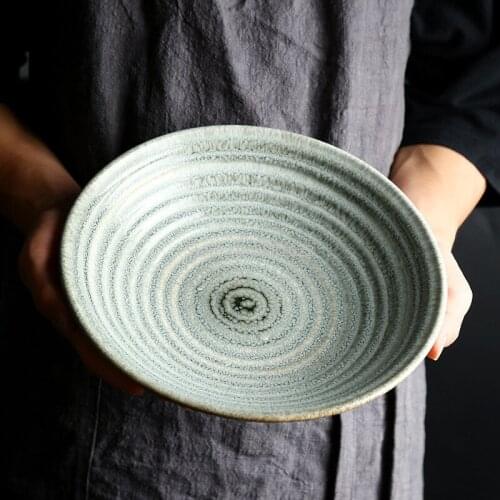 Japanese Ceramic Bowl Fruit Salad Bowl Green Corrugated Tableware Noodle Bowl Hotel Restaurant Family Shallow Bowl