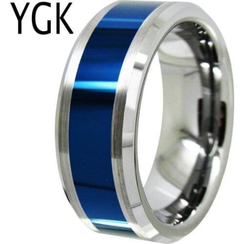 YGK Wedding Jewelry Lovers Ring Silver Bevel With Blue Center New Tungsten Ring Bridegroom Wedding Engagement Anniversary Ring