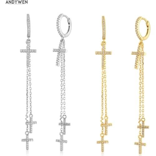 ANDYWEN 925 Sterling Silver Gold Long Chain Cross Hoops Circle Women Fashion Luxury Jewelry 2020 Rock Puck Jewels Pendiente