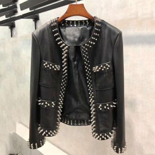 Autumn And Spring Coat Women Short Clothes O-Neck 2021 New Fashion Genuine Leather Jacket With Heavy Rivet + FN0011