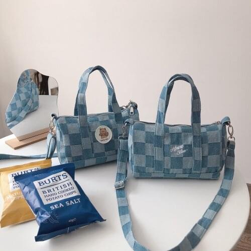 Women Denim Blue Checkered Boston Bags Casual Canvas Bear Handbags Female Cotton Cloth Purses Girls Small Shoulder Crossbody Bag