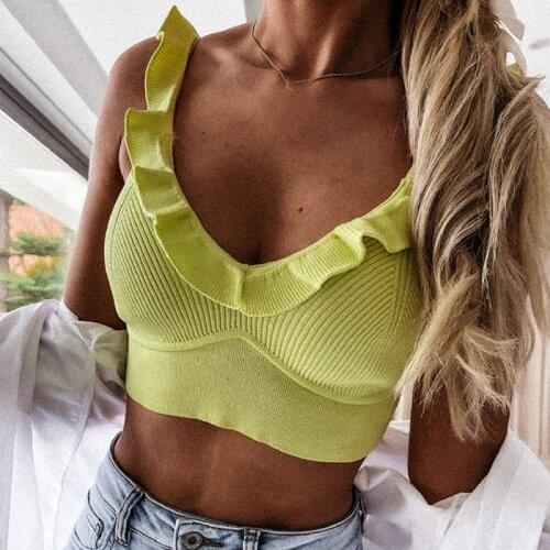 Women Solid Color Tank Tops Ladies Ruffles Strap Sleeveless Tops Summer Fashion Knitted Camisole