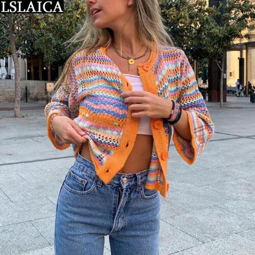 Cardigan Top Women Long Sleeve Single Button Decorated Slim Rainbow Striped Patchwork Womens Sweater Spring Autumn Fashion 2021