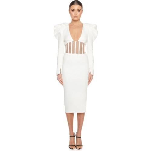 2021 New Autumn Women Club V Neck Bandage Dress Sexy Lace White Long Sleeve Celebrity Party Bodycon Dresses