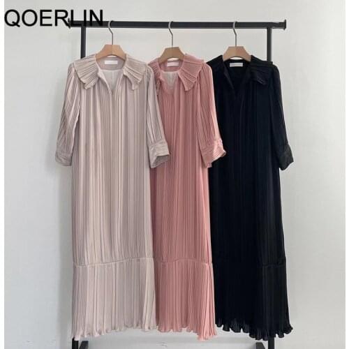 QOERLIN V Neck Pleated Dress Pink Ruffles Long Dress Half Sleeve Autumn Dress Female Chic Loose Casual Maxi Vestidos Muje r