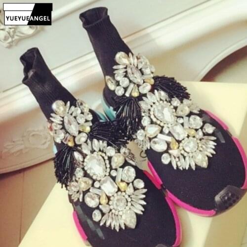 Crystal Gem Snow Boots Elasticity Socks Shoes Womens Mixed Colors Ankle Boots Warm Round Toe Slip-On Non-Slip Flat Ankle Boot