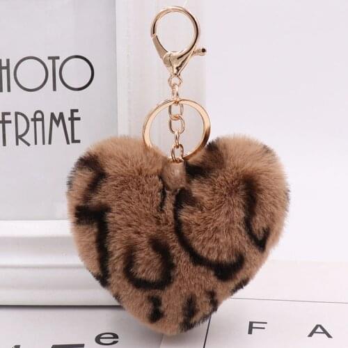 Heart Keychain Faux Rabbit Fur Ball Key Chain Pompom Leopard Print Keyring Toy Doll Heart Keychain Bag Tote Car Charm Pendant