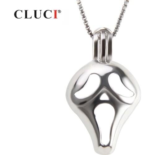 CLUCI 925 Sterling Silver Painful Face Shaped Halloween Pendant Jewelry For Women Real Silver Cage Pendant Pearl Locket SC323SB