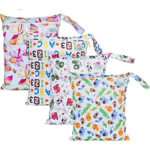 DHL 200pcs Reusable Waterproof Fashion Prints Wet Dry Diaper Bag Double Pocket Cloth Handle Wetbags 30*36CM