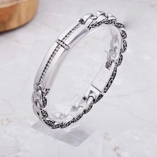 Jewels Store Fashion 22cm Stainless Steel Link Chain Bracelet For Men Cubic Zirconia Cross Charm 12MM Width Bracelet Jewelry Man