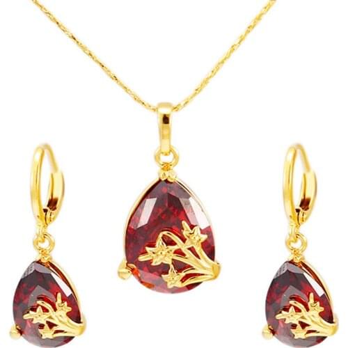 Teardrop Red Pendant Earrings Jewelry Set Yellw Gold Filled Delicate Womens Fashion Gift