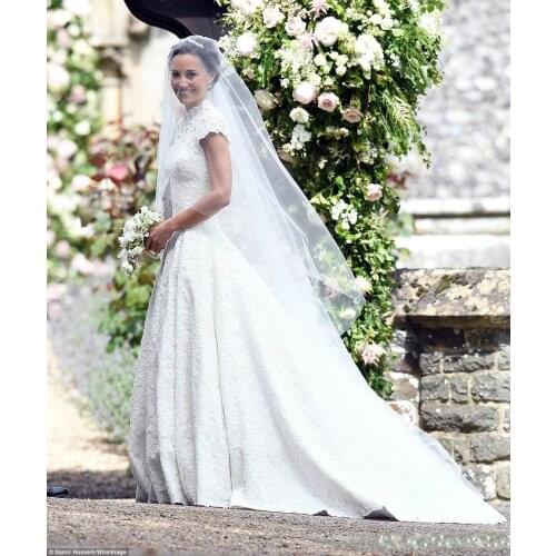Lace Wedding Dresses High Neck A-Line Backless Pearls Wedding Dress Cap Sleeves Chapel Bridal Gowns