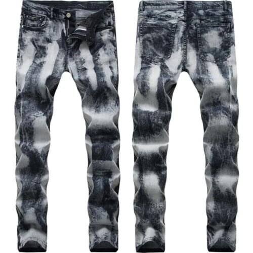 Mens High Stretch Painting Coated Elastic Denim Slim Print Jeans Male Fashion Casual Pants Size 40