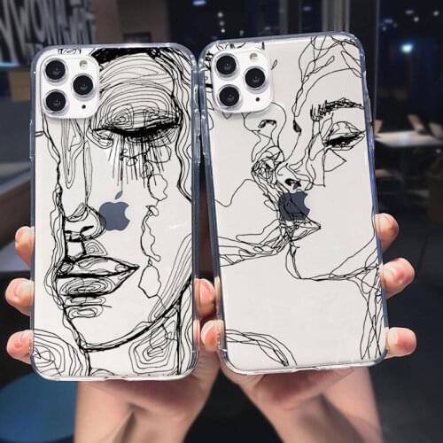 Abstract Art Women Face Line Soft Phone Case For iPhone 11 Pro Max 12 Pro SE 7 8 Plus XR XS Max X simple couples Kiss Soft Cover