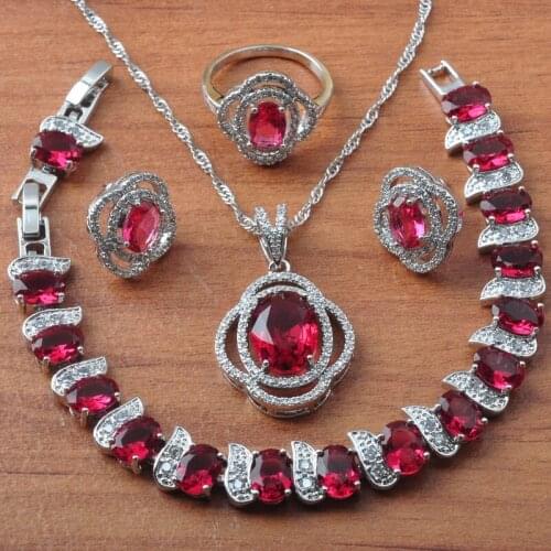 Exquisite Red Crystal Silver Plated Jewelry Sets Women Wedding Jewelry CZ Earrings Set Ring Bracelet Christmas Gift JS0641