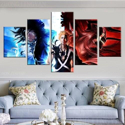 Wall Art Canvas Painting Hd Prints Pictures 5 Panel Kurosaki Ichigo BLEACH Cartoon Animation Home Decor Modular Poster