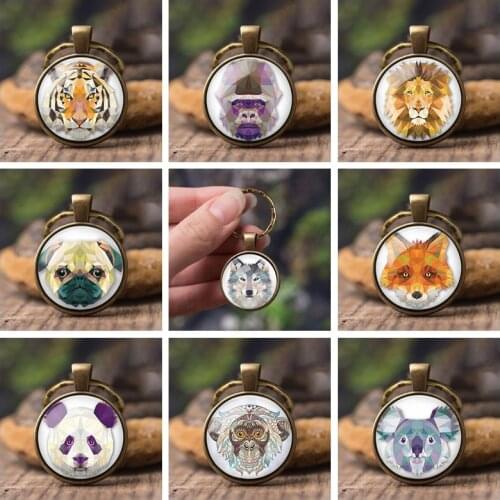 2019 New Arrival Cartoon Wolf Key Chains Handmade Round Glass Cabochon Animal Cute Panda Jewelry for Car Accessories Keyring