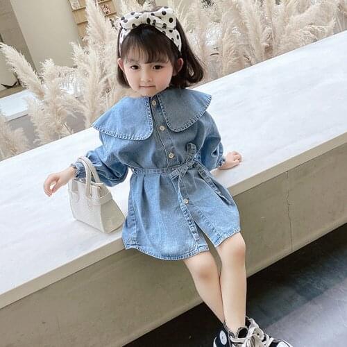 New Spring Autumn Long Sleeve Princess Dresses Girls Blue Denim Dress Toddler Kids Clothing