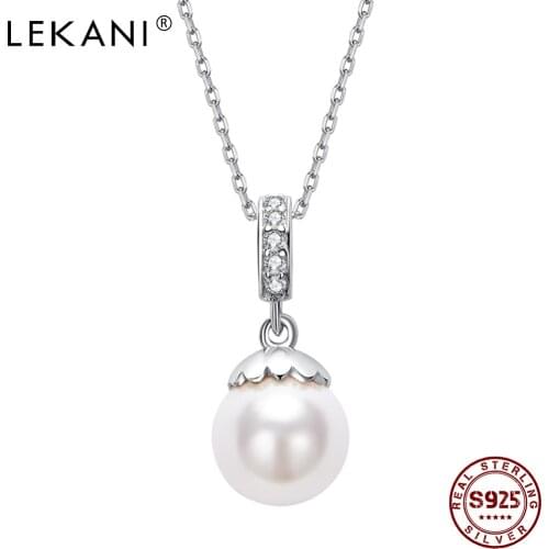LEKANI 925 Sterling Silver White Crystal Pearl Pendant with Cubic Zirconia Necklaces For Elegant Women Hot Selling Fine Jewelry